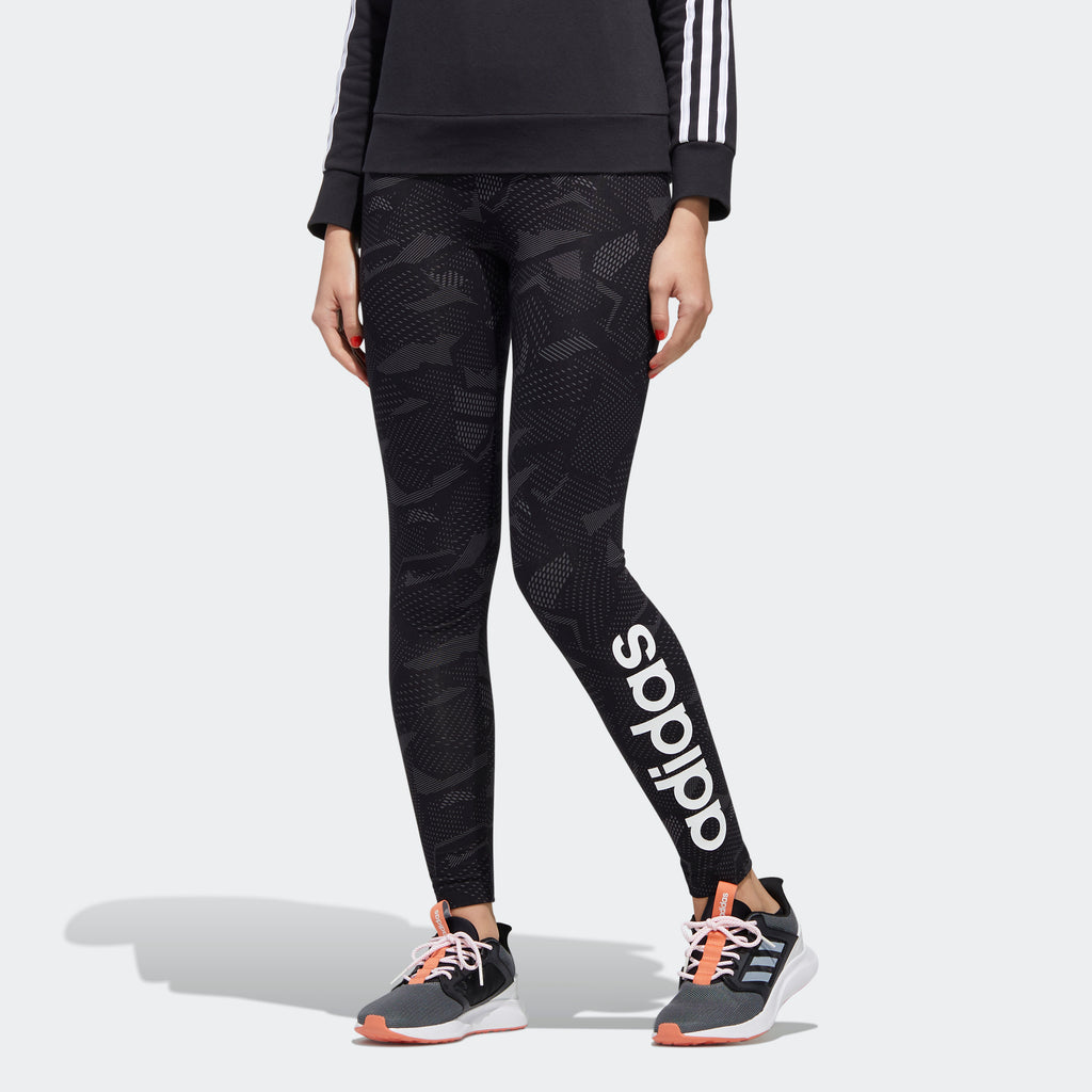 Women's adidas Essentials Allover Print Leggings Black GE1140 | Chicago City Sports | front view on model
