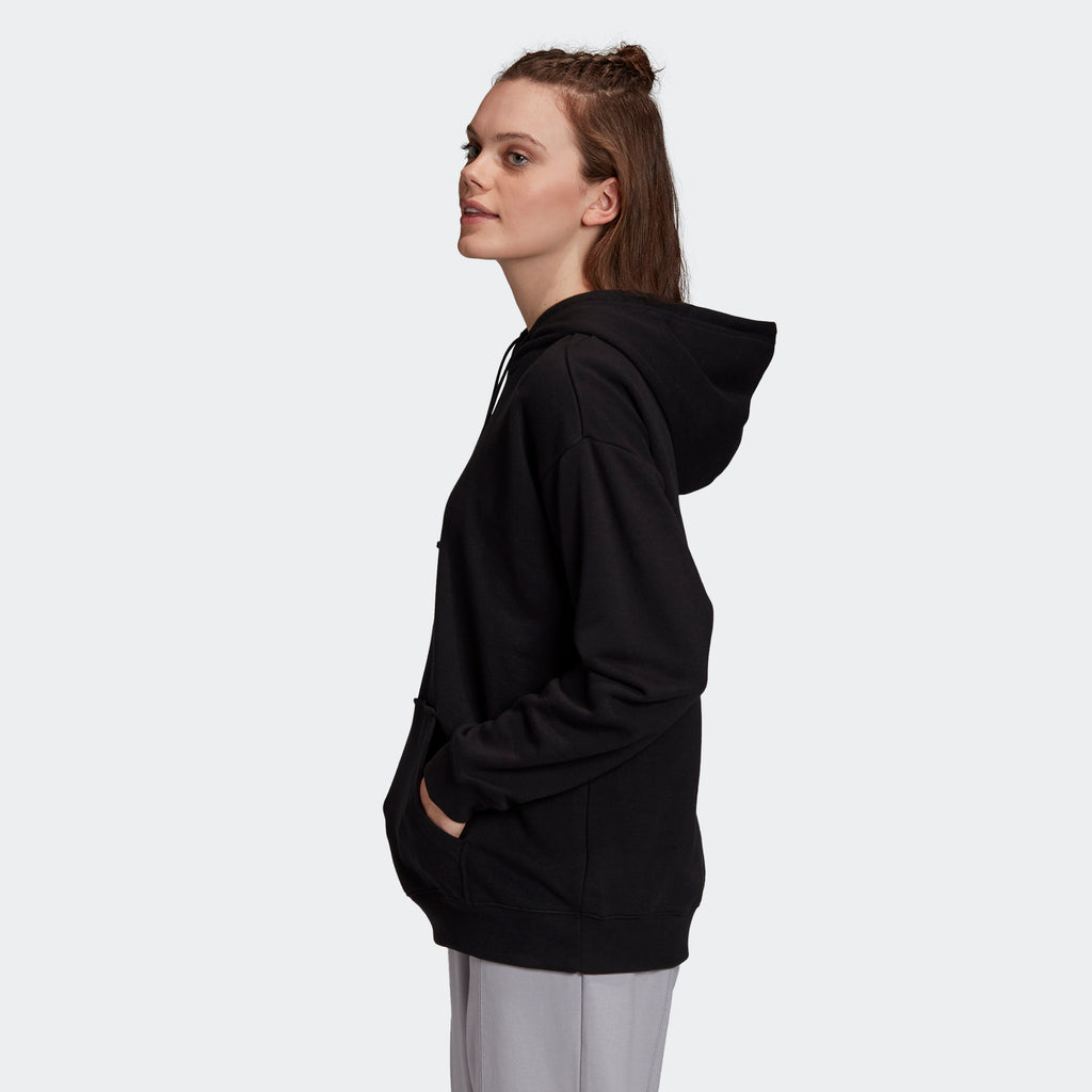 Women's adidas Essentials Trefoil Hoodie Black GD4291 | Chicago City Sports | side view on model