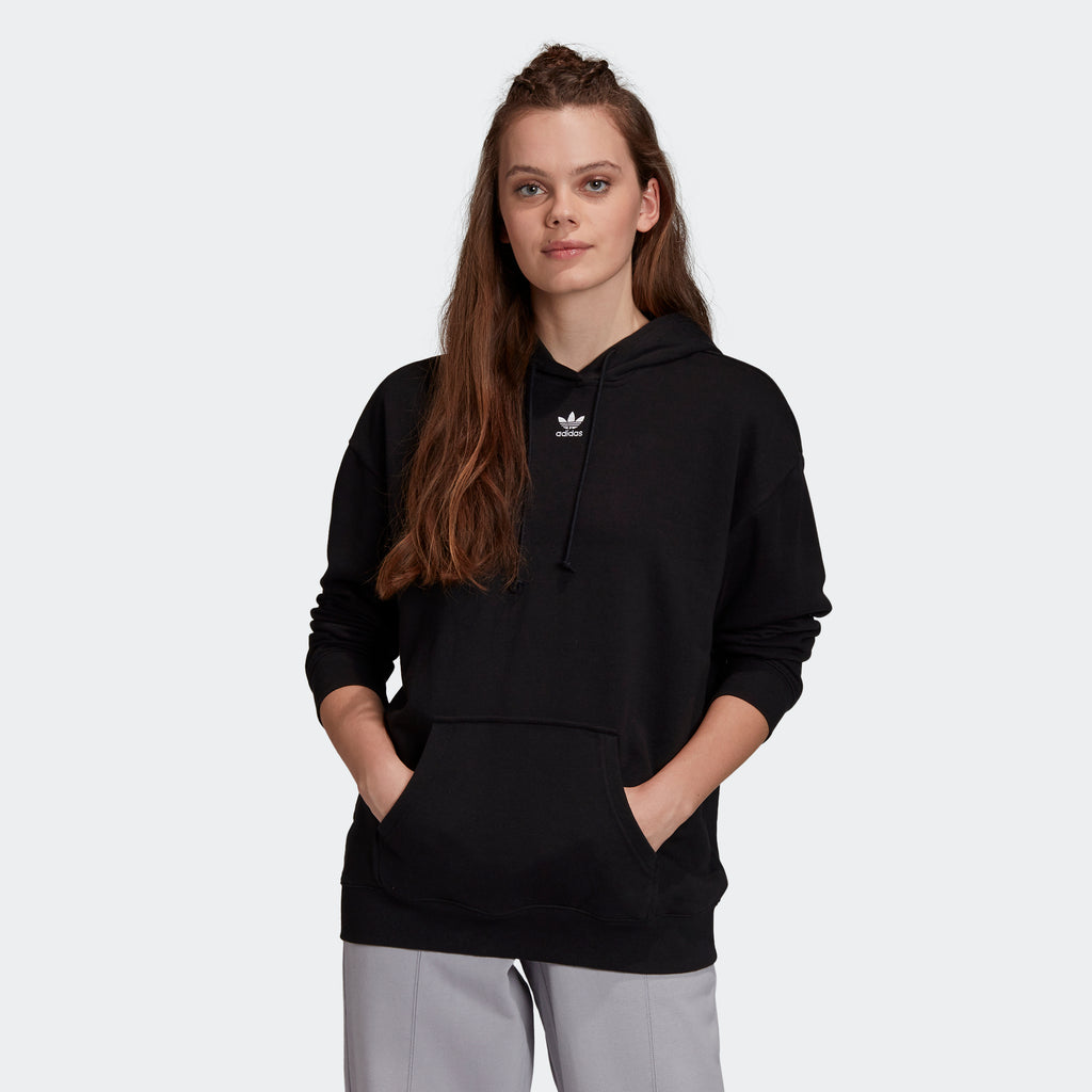 Women's adidas Essentials Trefoil Hoodie Black GD4291 | Chicago City Sports | front view on model