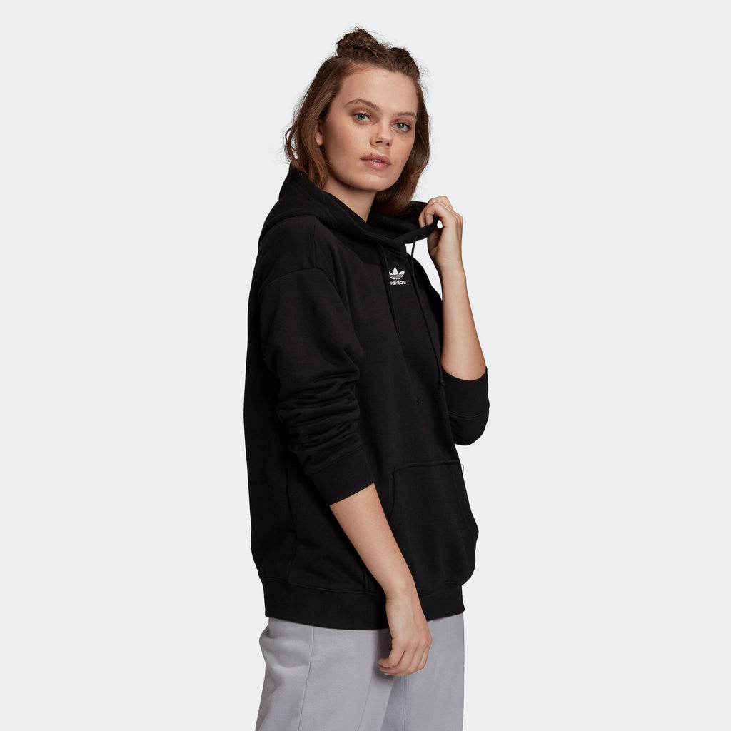 Women's adidas Essentials Trefoil Hoodie Black GD4291 | Chicago City Sports | angled view on model
