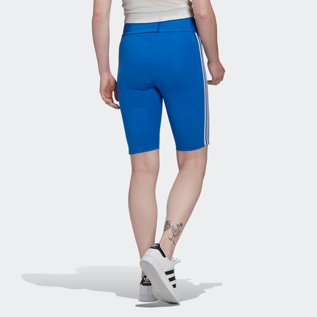 Women's adidas Originals Adicolor 3D Trefoil Biker Shorts Blue GM6765 | Chicago City Sports | rear view on model