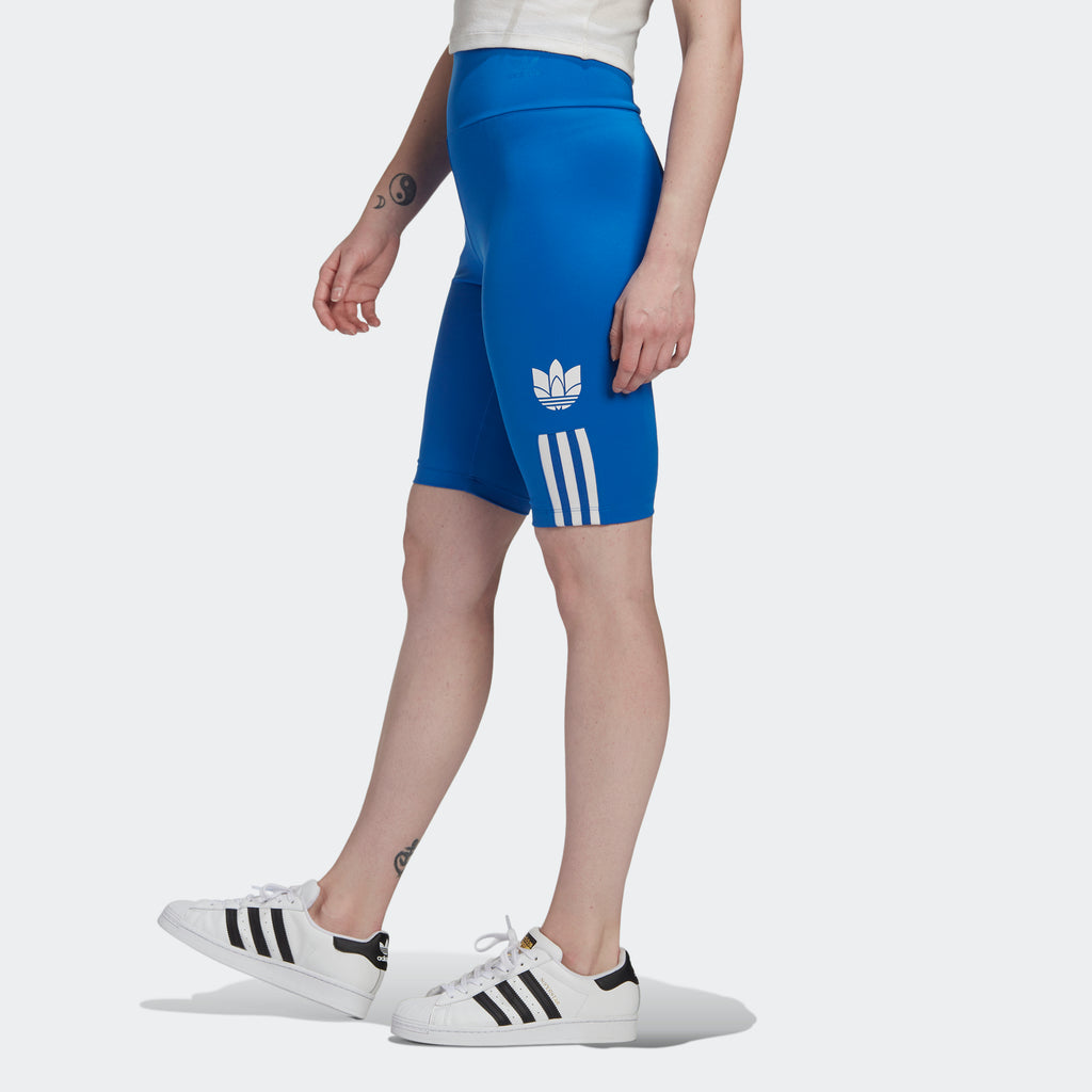 Women's adidas Originals Adicolor 3D Trefoil Biker Shorts Blue GM6765 | Chicago City Sports | side view on model