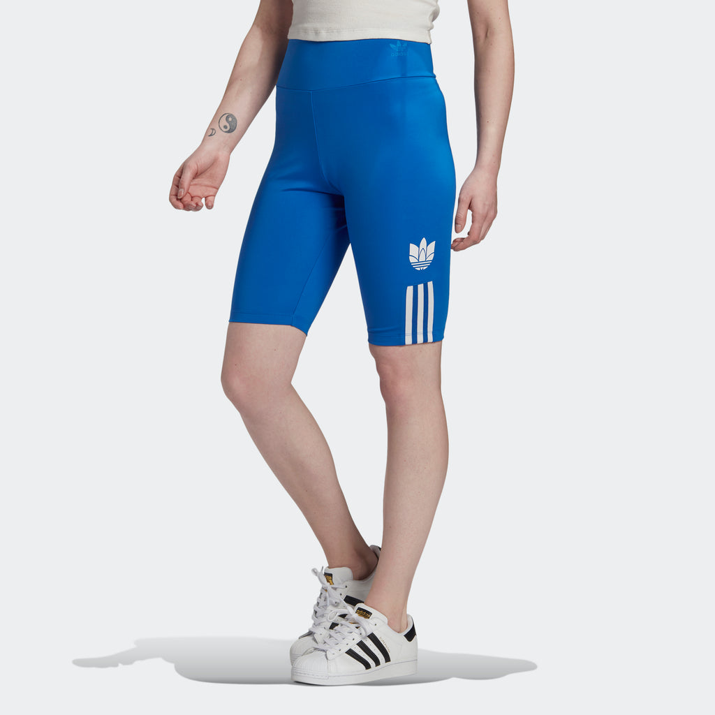 Women's adidas Originals Adicolor 3D Trefoil Biker Shorts Blue GM6765 | Chicago City Sports | front view on model