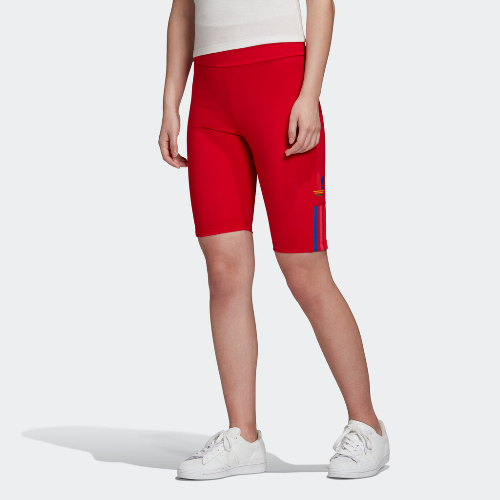 Women's adidas Originals Adicolor 3D Trefoil Biker Shorts Scarlet GD2323 | Chicago City Sports | on model view