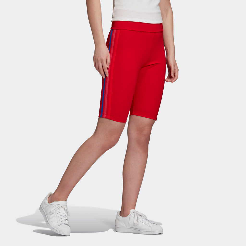 Women's adidas Originals Adicolor 3D Trefoil Biker Shorts Scarlet GD2323 | Chicago City Sports | angled view on model