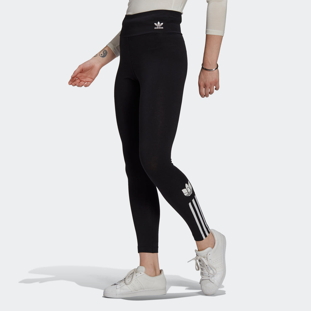 Women's adidas Originals Adicolor 3D Trefoil High-Waisted Tights Black (SKU GT8461) | Chicago City Sports | on model side view