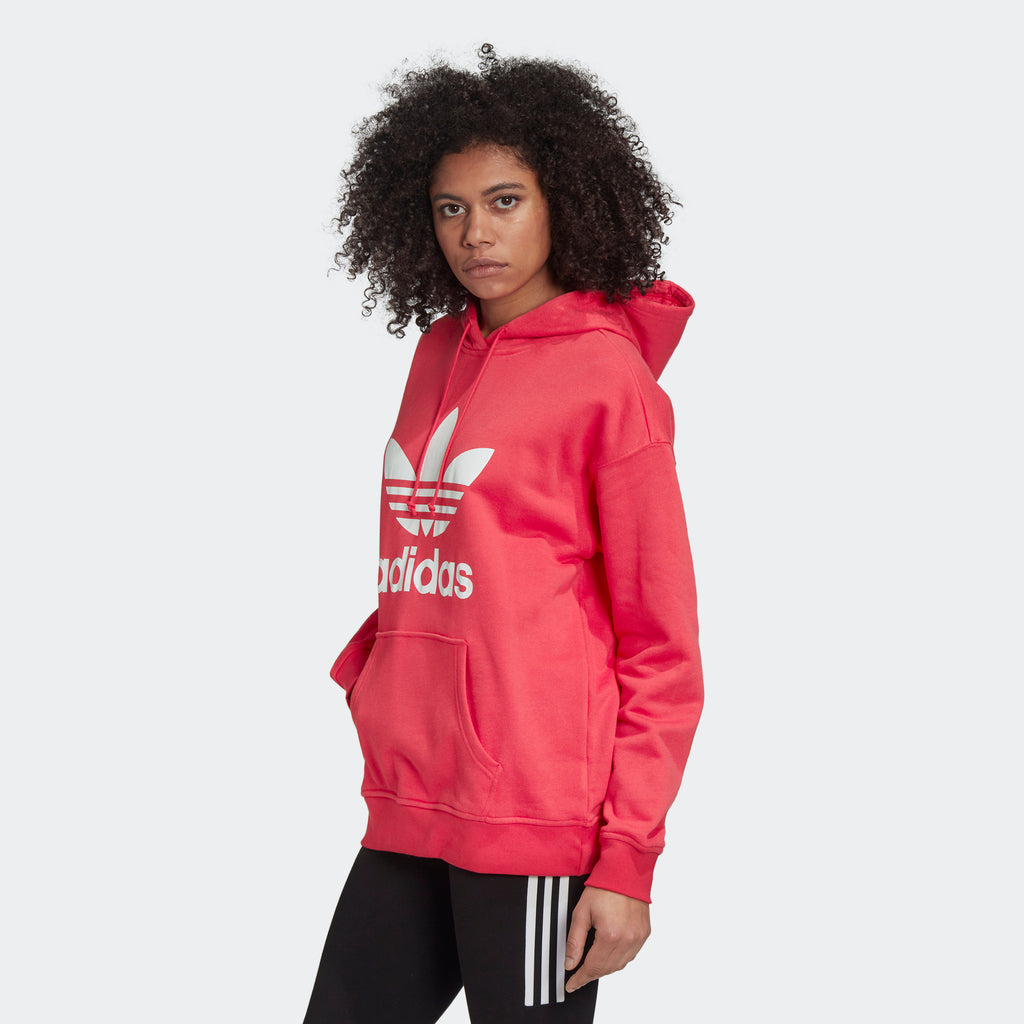 Women's adidas Originals Adicolor Trefoil Hoodie Power Pink GD2439 | Chicago City Sports | side view on model