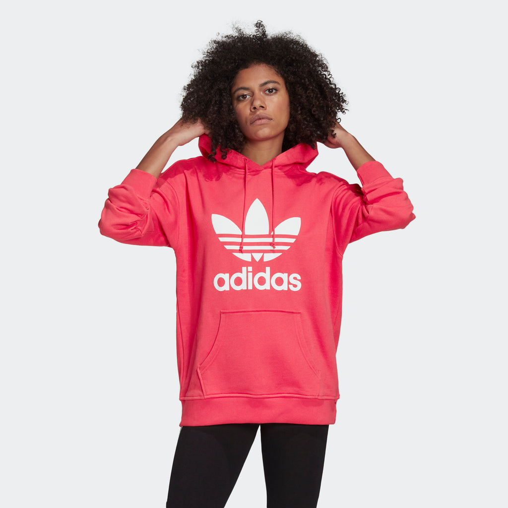 Women's adidas Originals Adicolor Trefoil Hoodie Power Pink GD2439 | Chicago City Sports | front view on model
