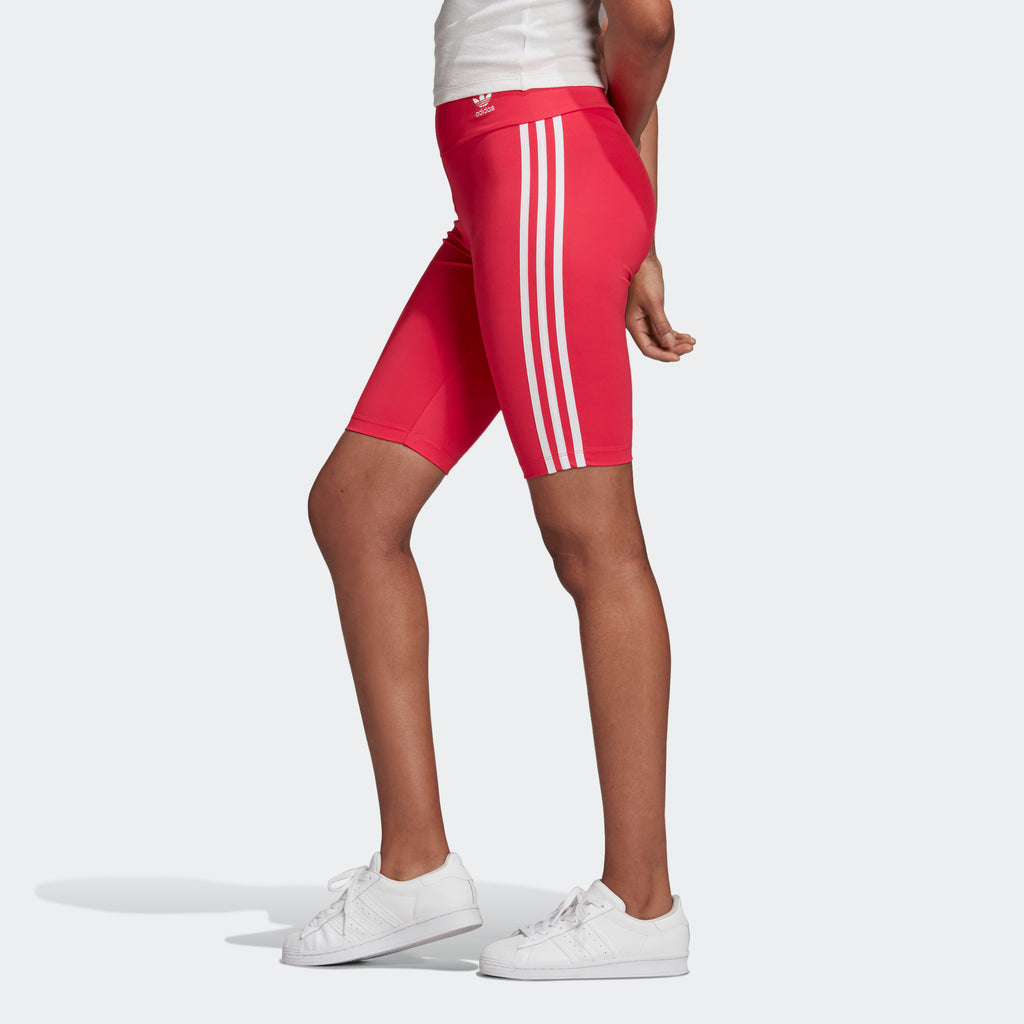 Women's adidas Originals Biker Shorts Power Pink GD2356 | Chicago City Sports | side view on model