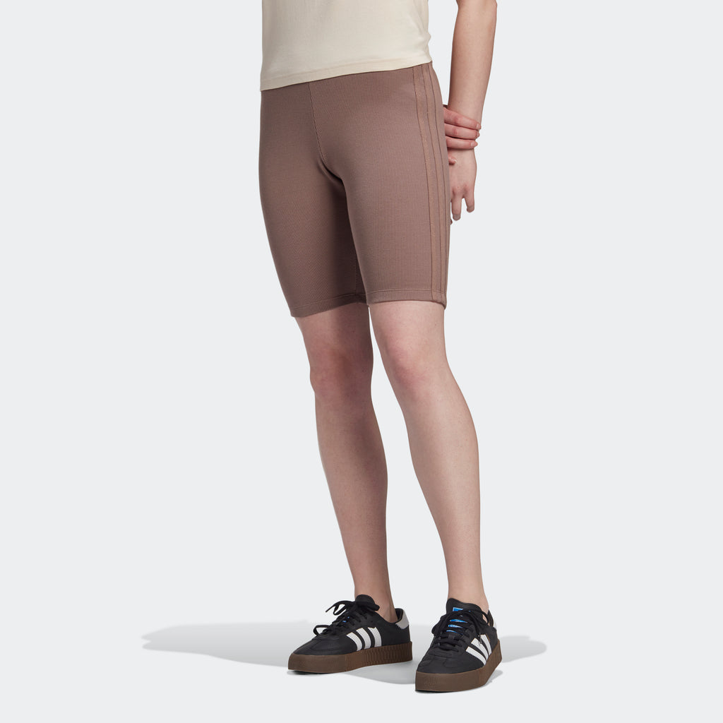 Women's adidas Originals Biker Shorts Trace Brown GM6689 | Chicago City Sports | front view on model