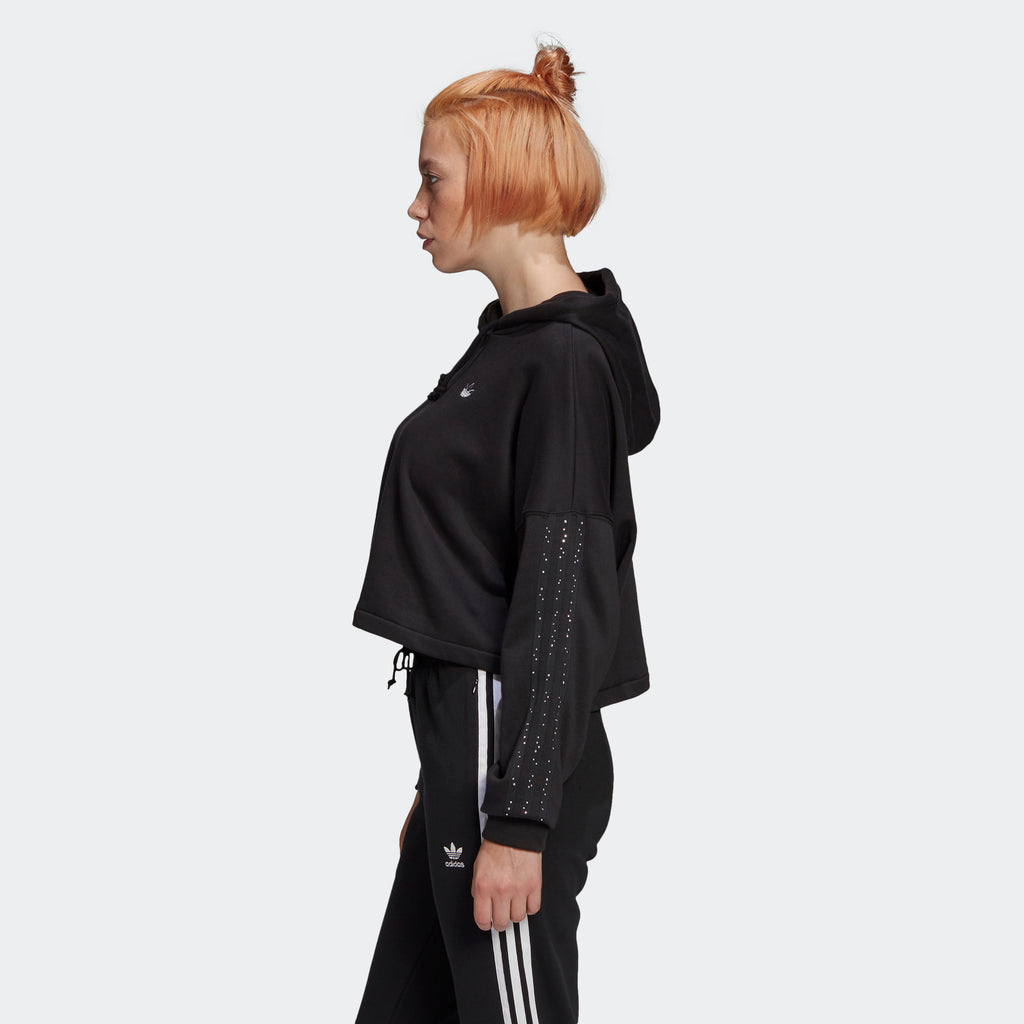 Women's adidas Originals Fakten Cropped Hoodie Black GC6792 | Chicago City Sports | side view on model
