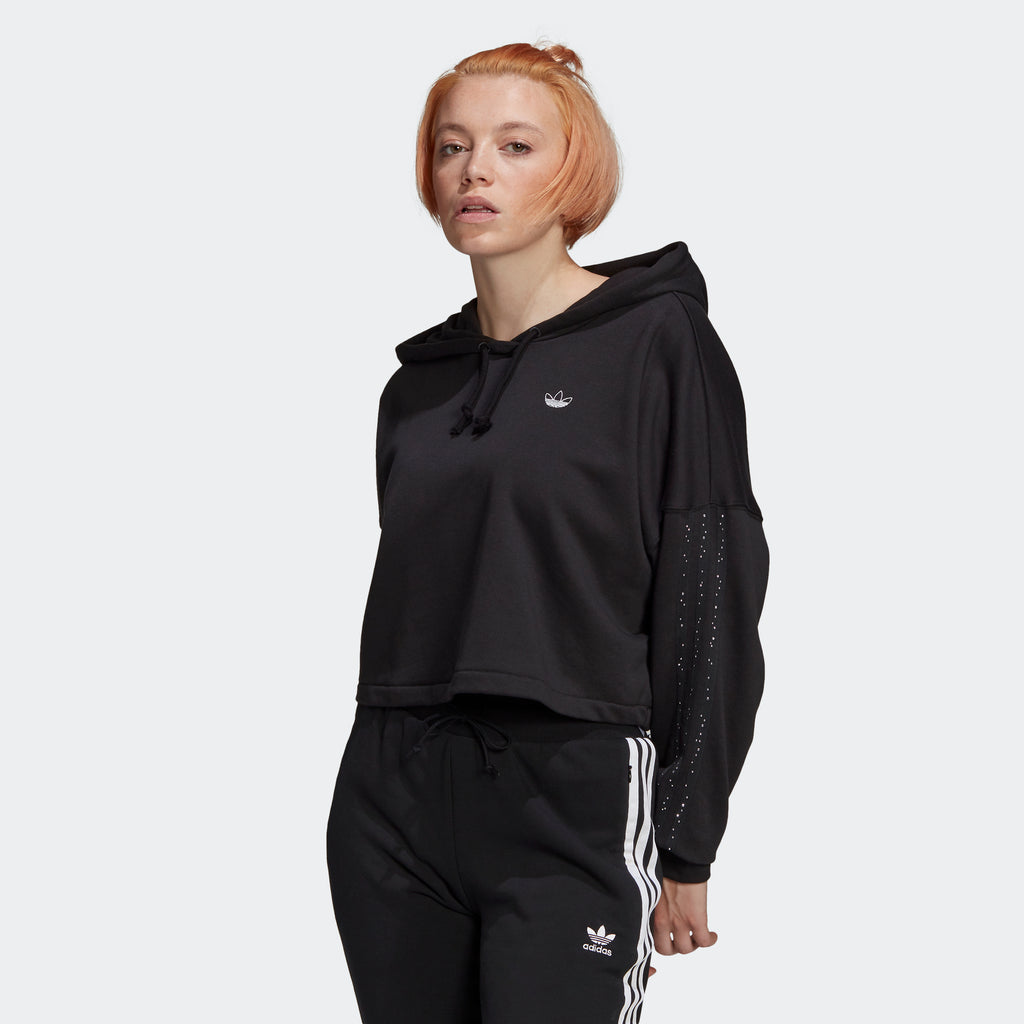 Women's adidas Originals Fakten Cropped Hoodie Black GC6792 | Chicago City Sports | front view on model