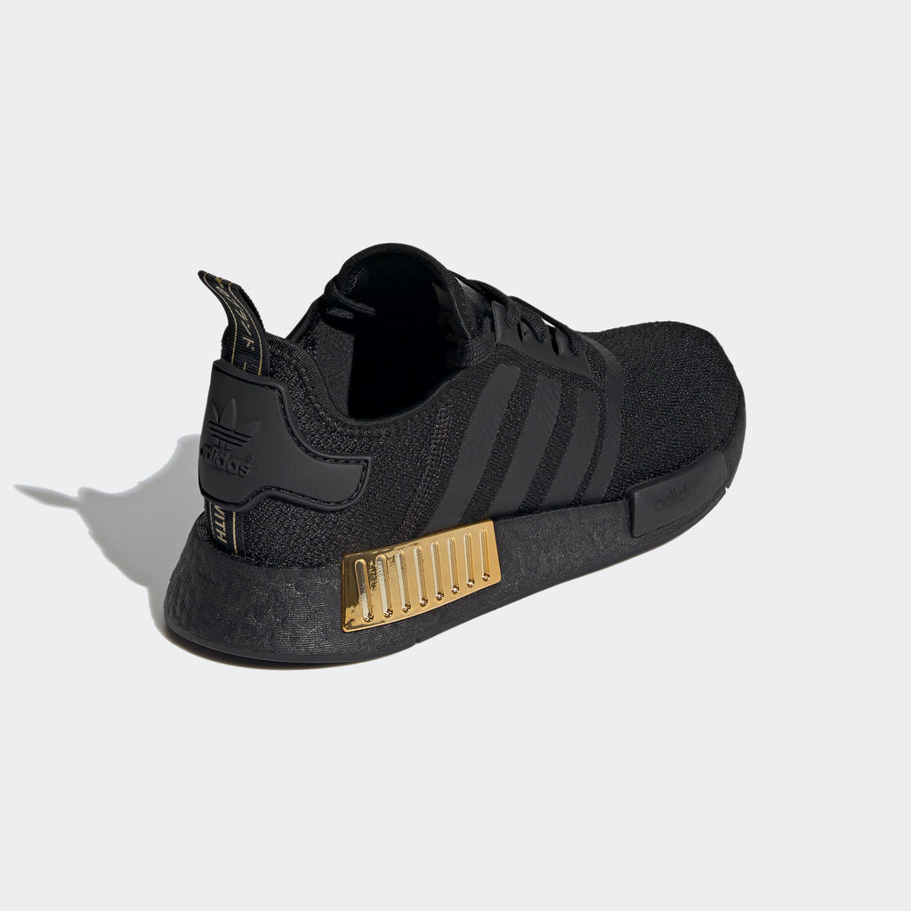 adidas NMD_R1 Shoes Black Gold Metallic FV1787 | Chicago City Sports | rear angled view