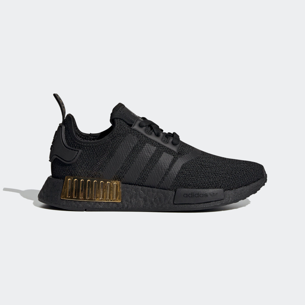 adidas NMD_R1 Shoes Black Gold Metallic FV1787 | Chicago City Sports | exterior side view