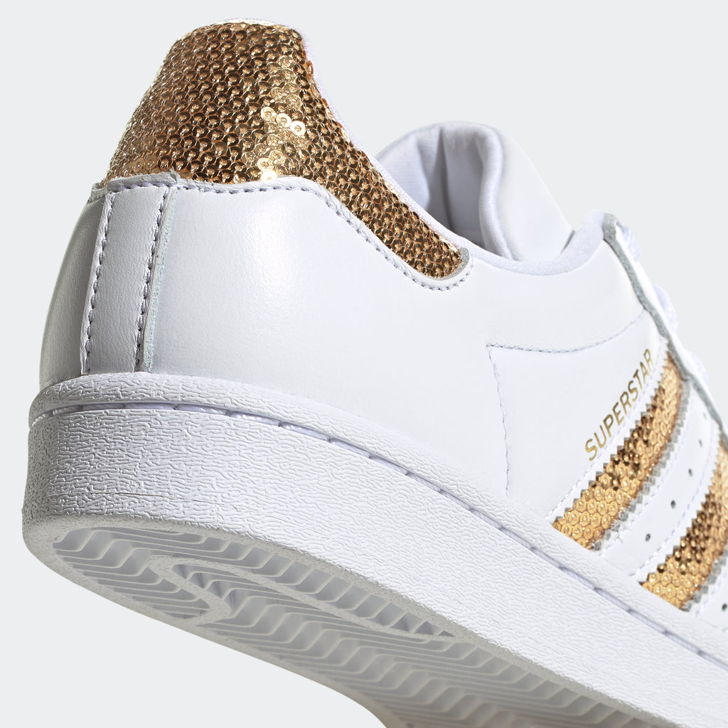 Women's adidas Originals Superstar Shoes White Gold G55658 | Chicago City Sports | heel view with sequins