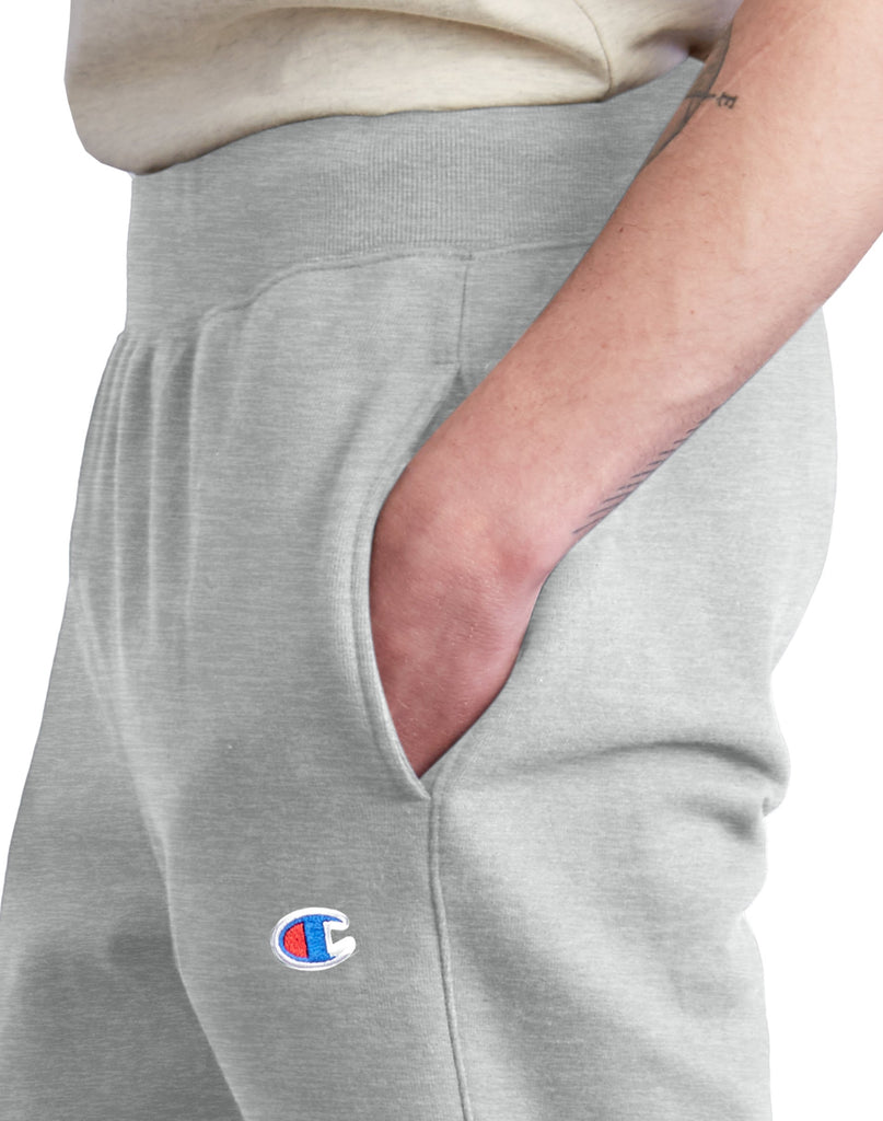 Men's Champion Reverse Weave Trim Joggers Oxford Grey (SKU GF01Y061461IC) | Chicago City Sports | detailed side view on model