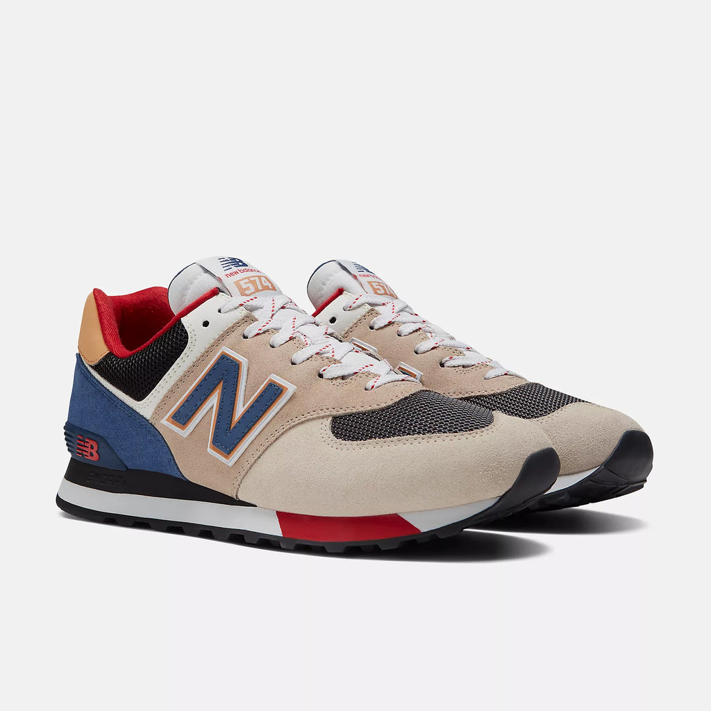 Men's New Balance 574v2 Shoes Tan with Blue