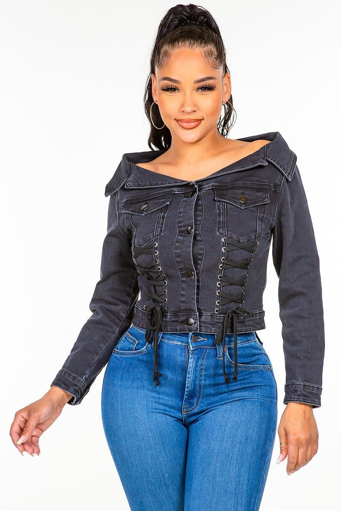 Women's American Bazi Off Shoulder Laced Denim Jacket Black